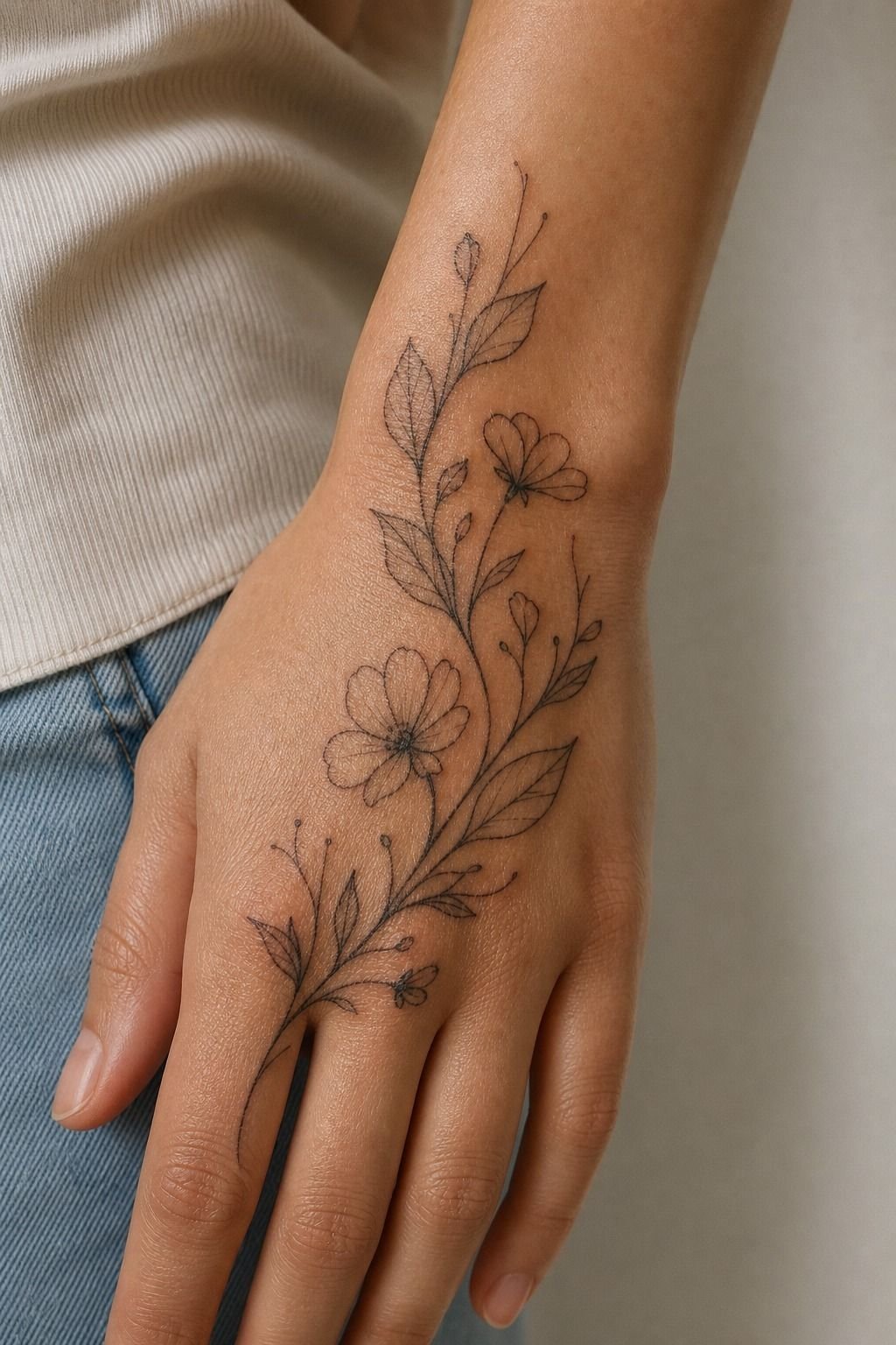 Delicate Floral Hand Tattoos With Fine Linework