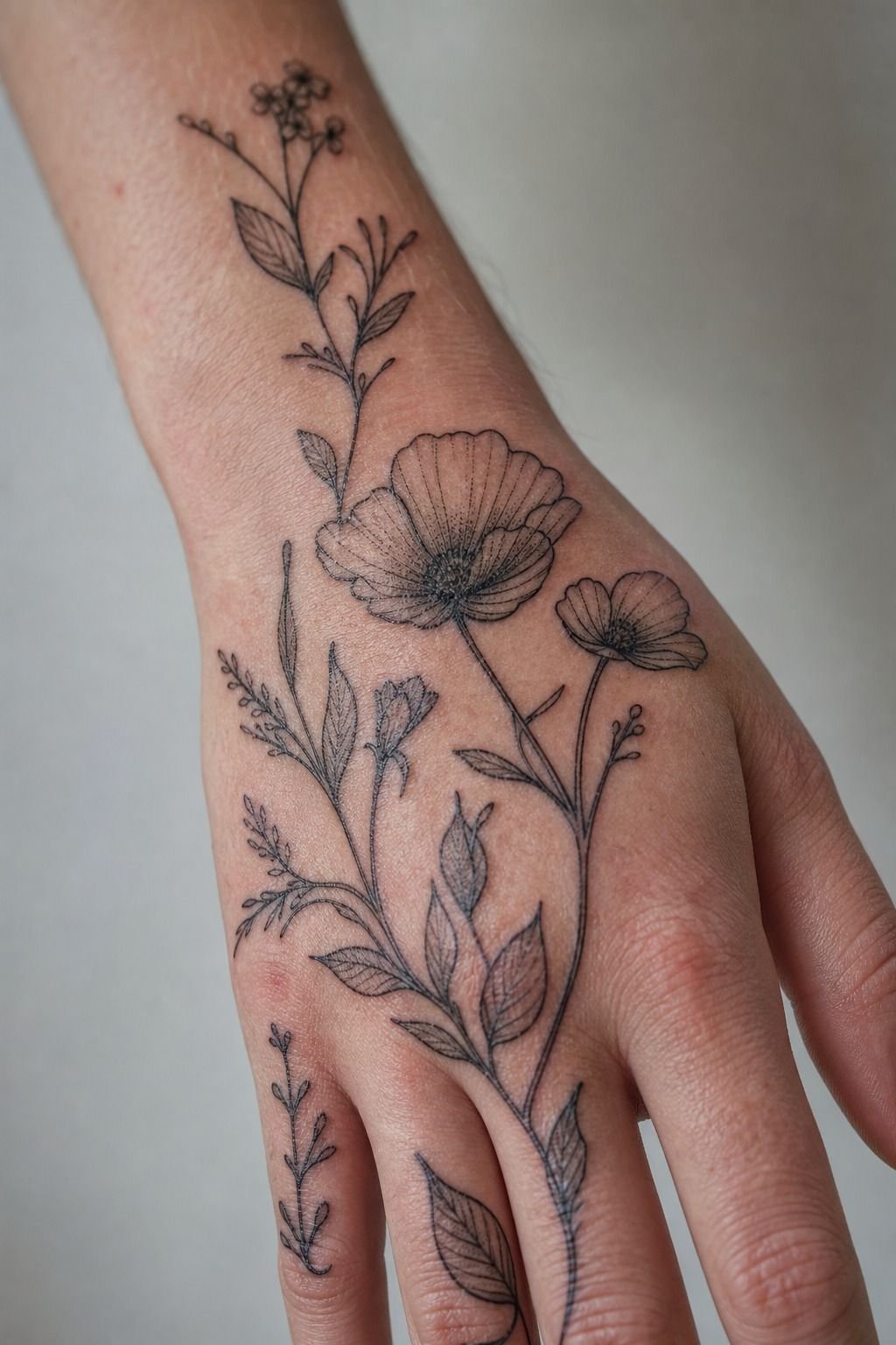 Fine Line Botanical Tattoos Across The Hand
