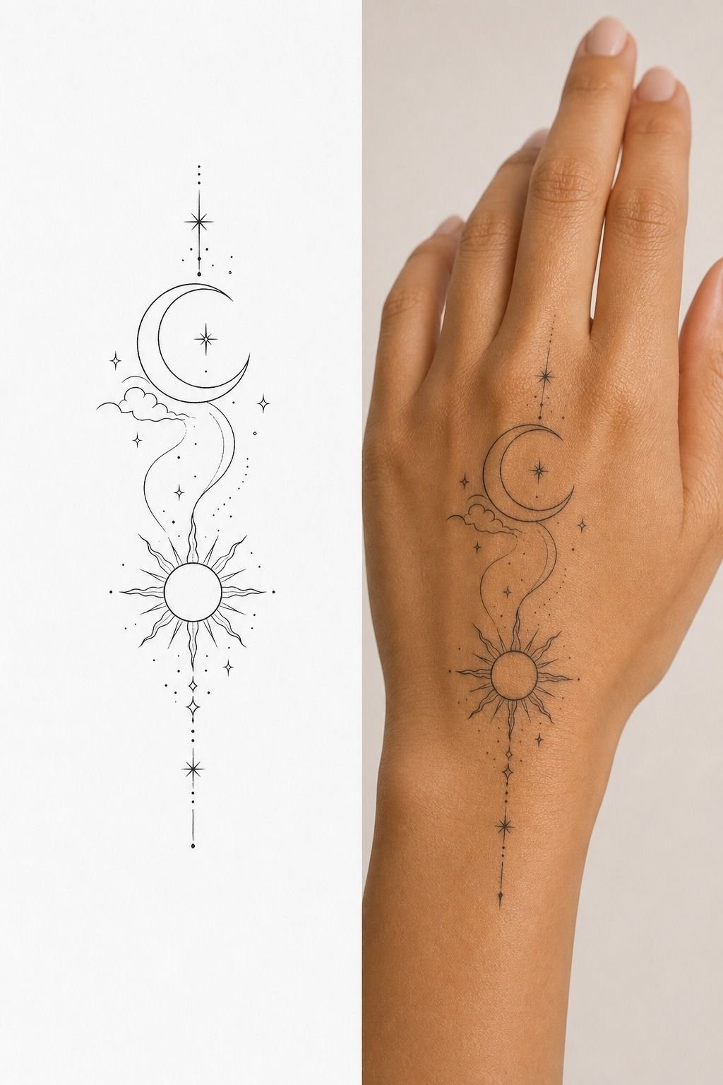 Fine Line Sun And Moon Hand Tattoos