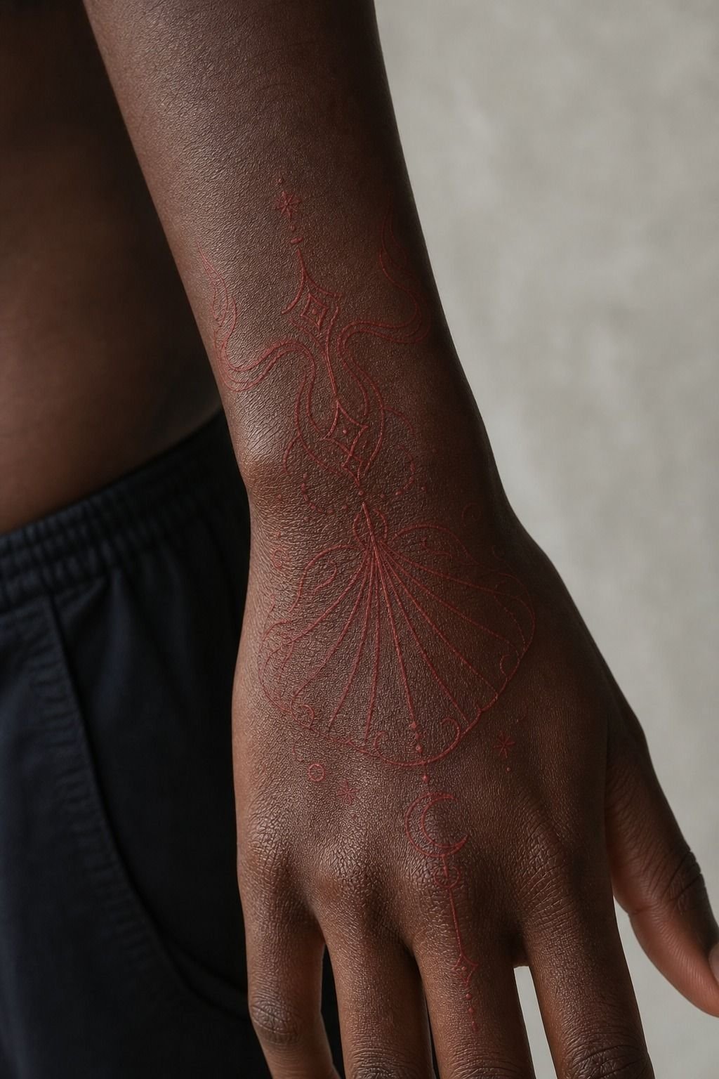 Fine Line Red Ink Hand Tattoos