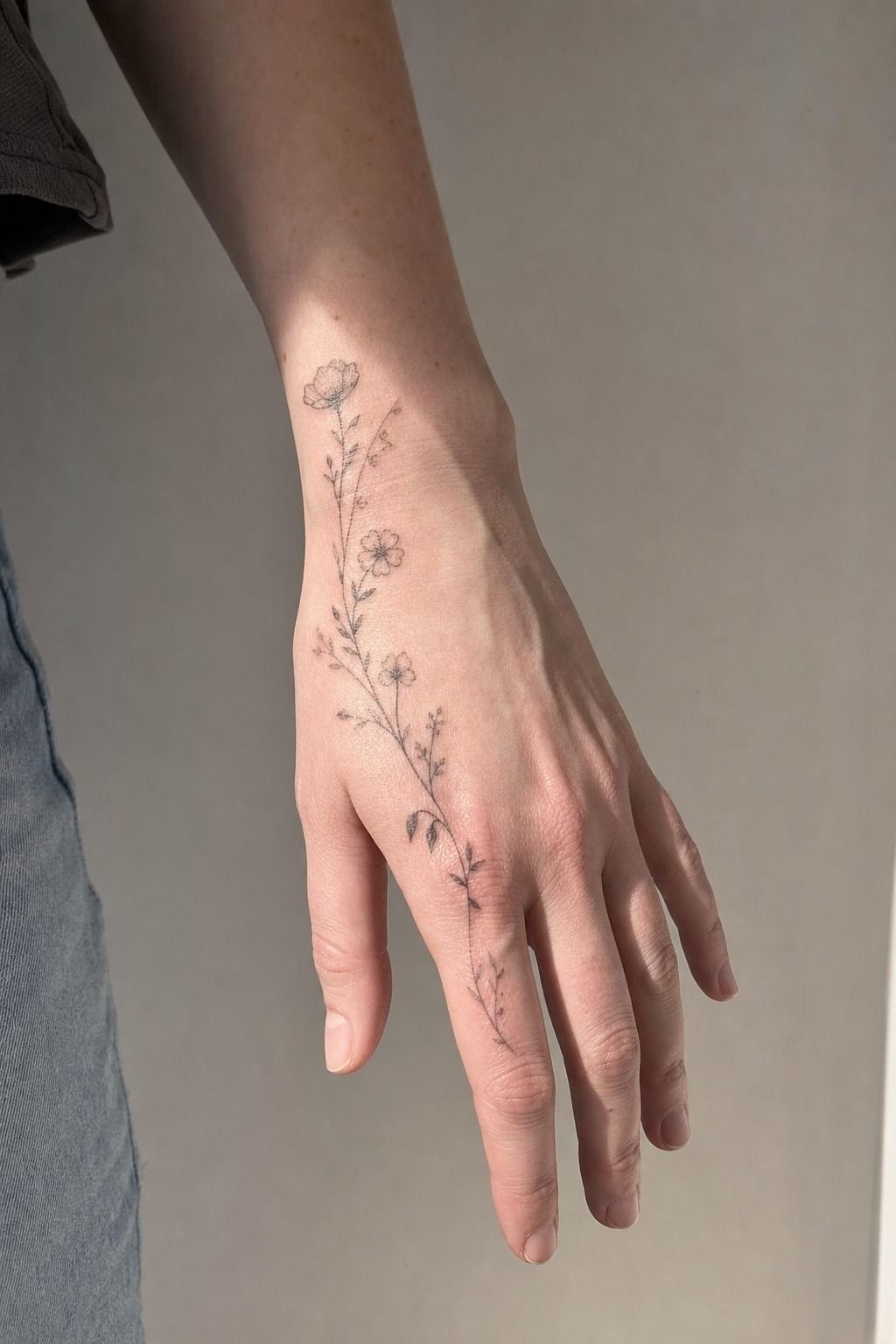 Fine Line Hand Tattoos With Birth Flowers