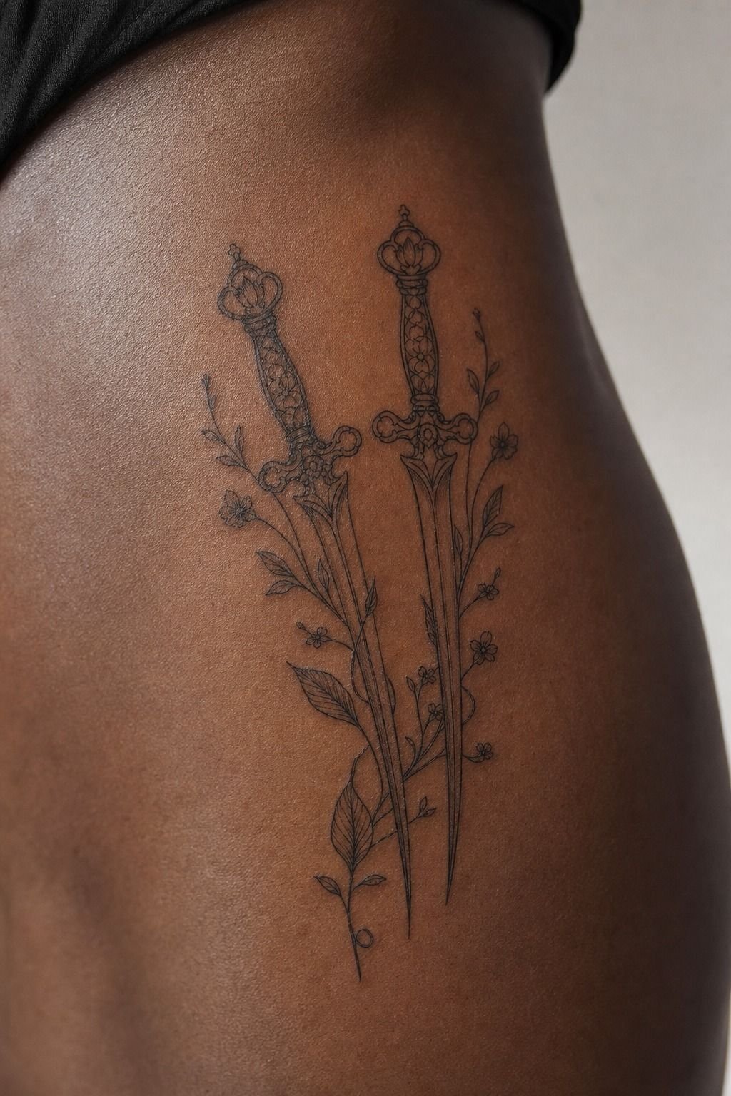 Complementary Dagger Tattoos With Botanical Details