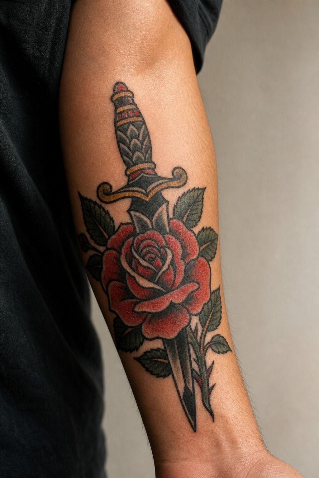 Classic Rose and Dagger Forearm Tattoo