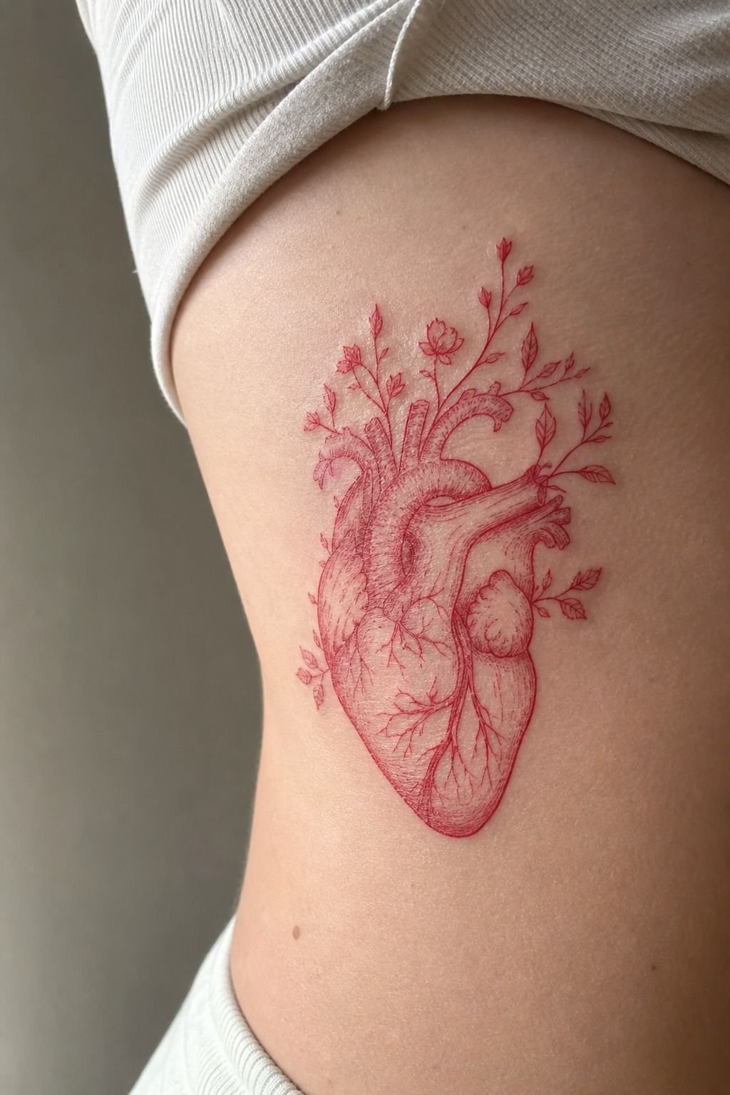 Delicate Red Ink Heart on the Ribs