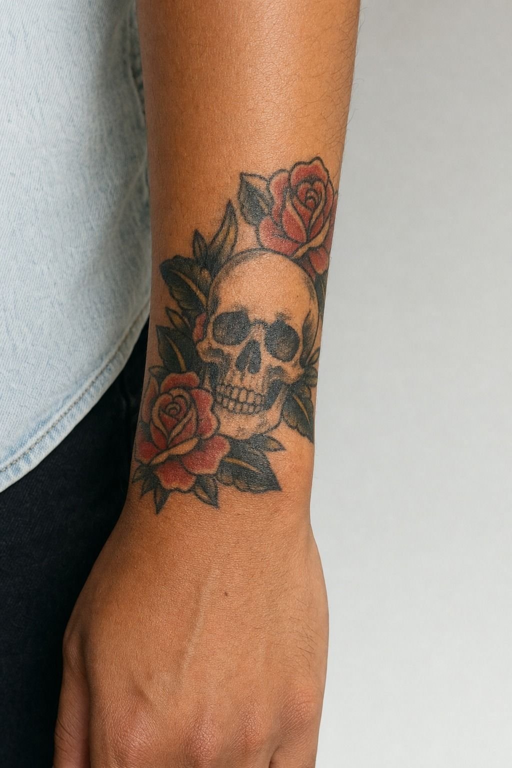 Skull and Roses Knee Tattoo
