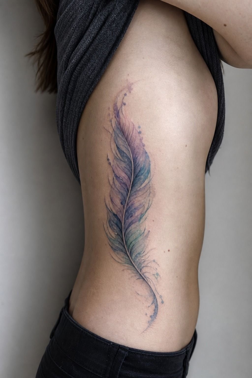 Delicate Watercolor Feather Along the Ribs