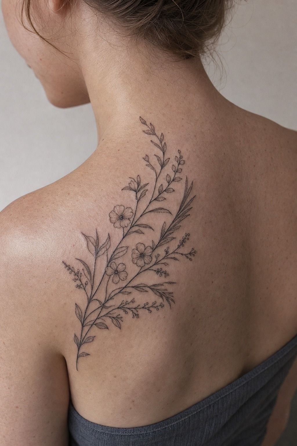 Elegant Shoulder Blade Tattoos With Botanical Detail