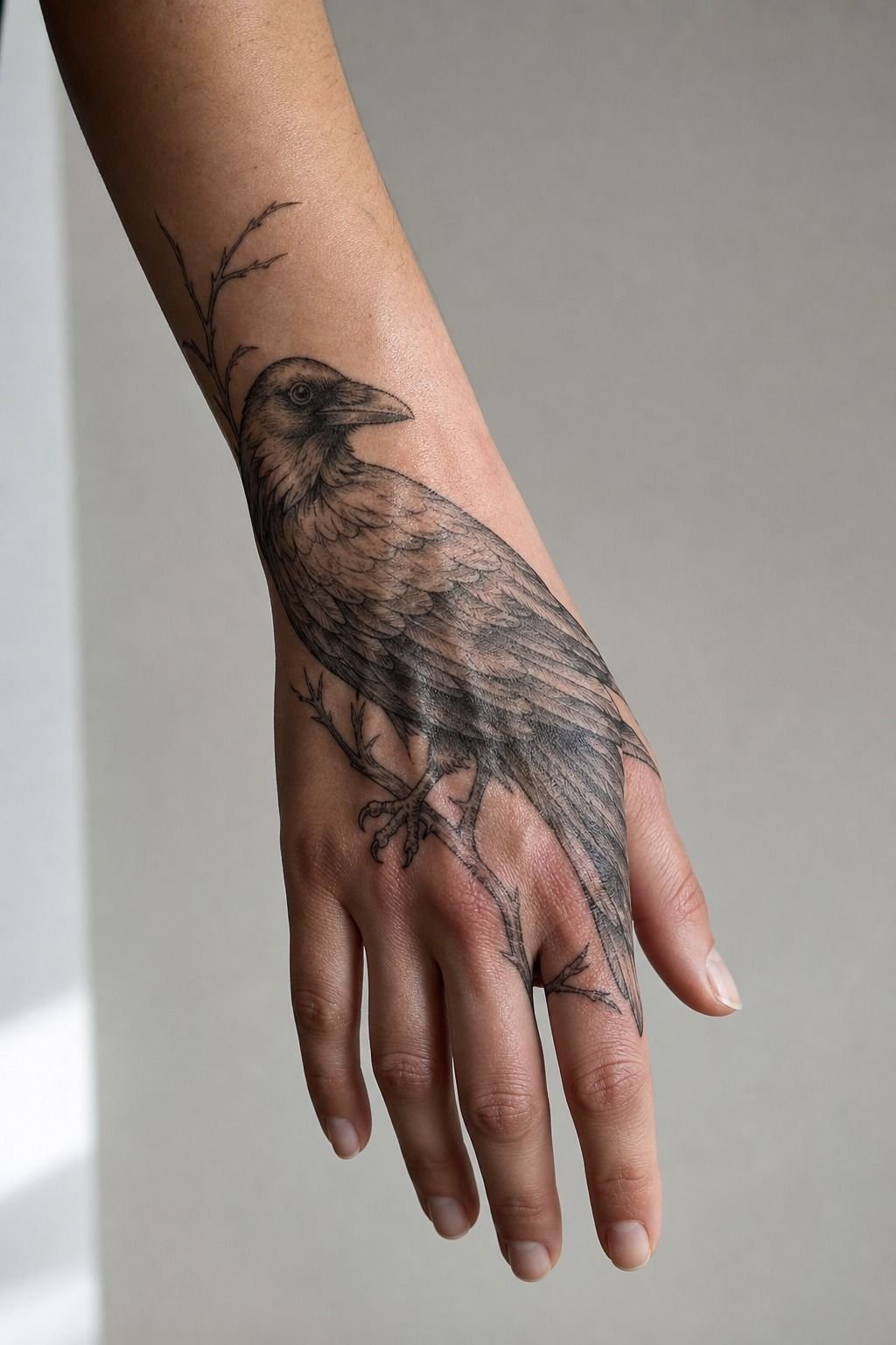 Pick Black-and-Grey Crow Over a Tiny Hand Detail