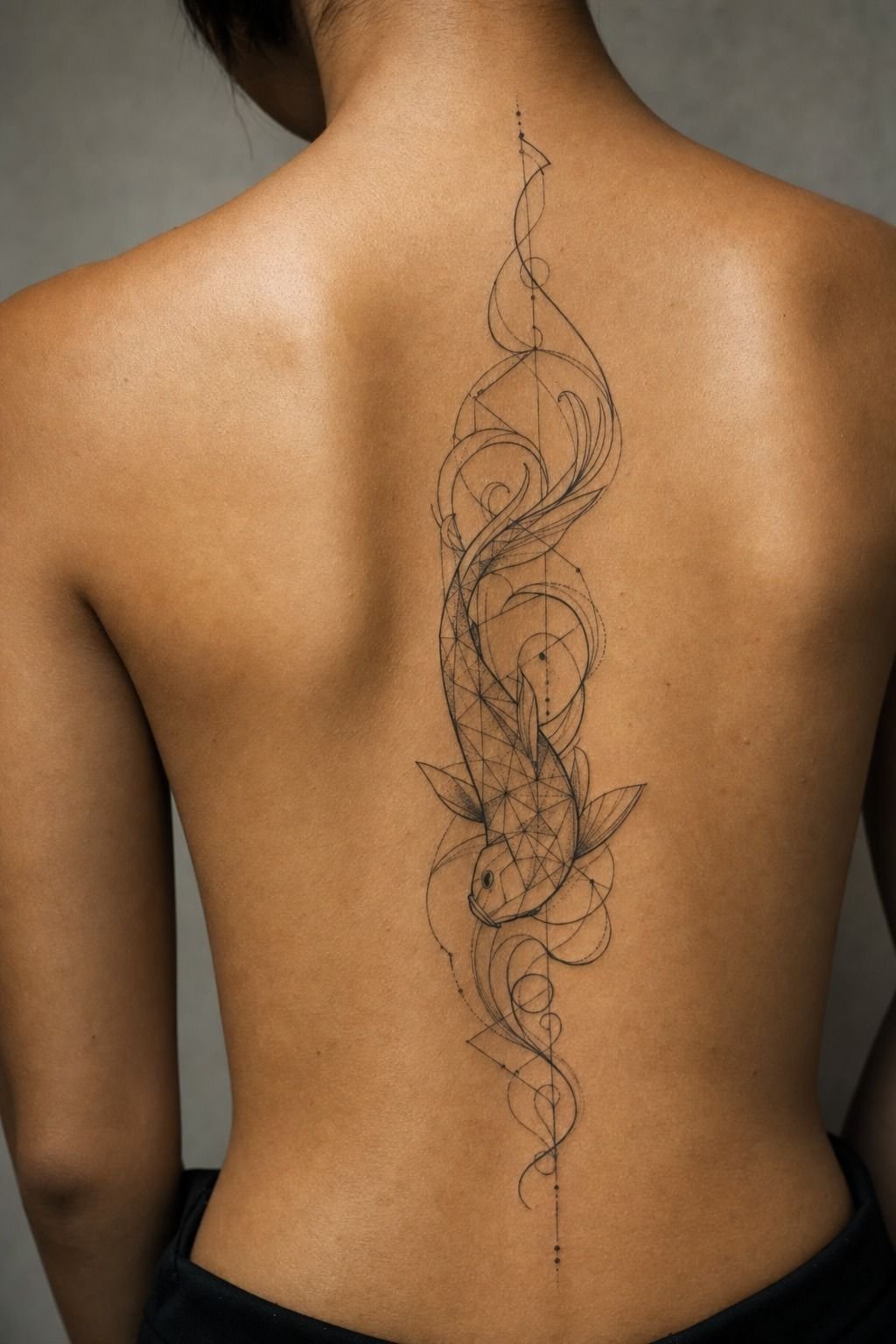 Geometric Fish Tattoo With Flowing Black Lines