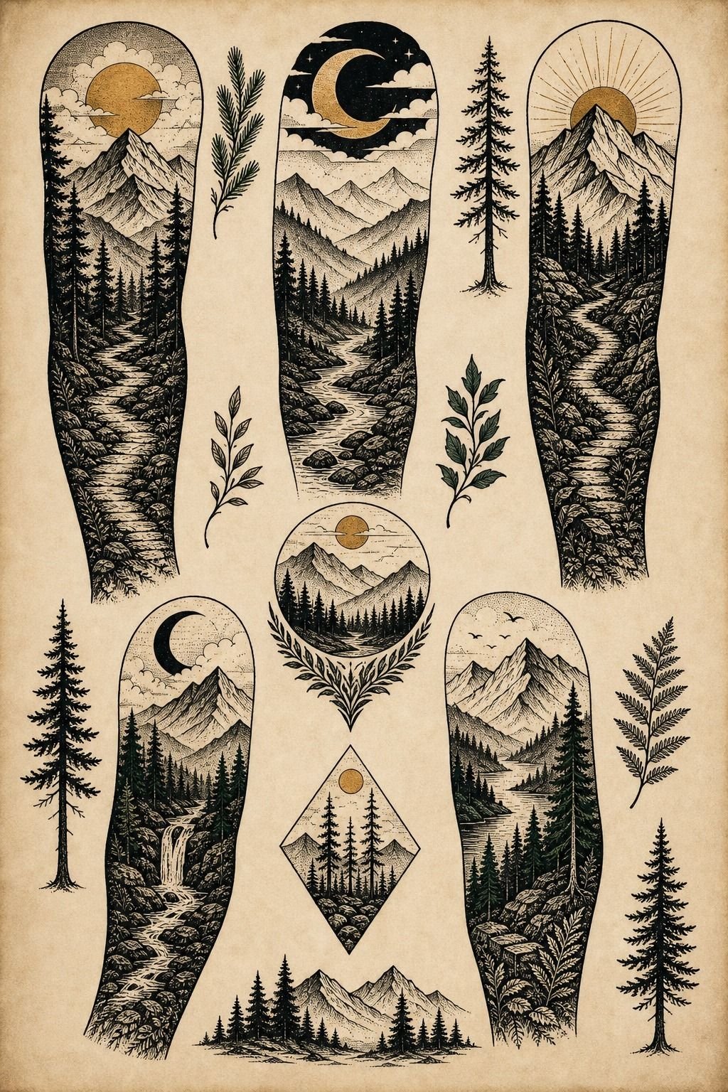 Blackwork Forest Sleeve with Mountain Layers
