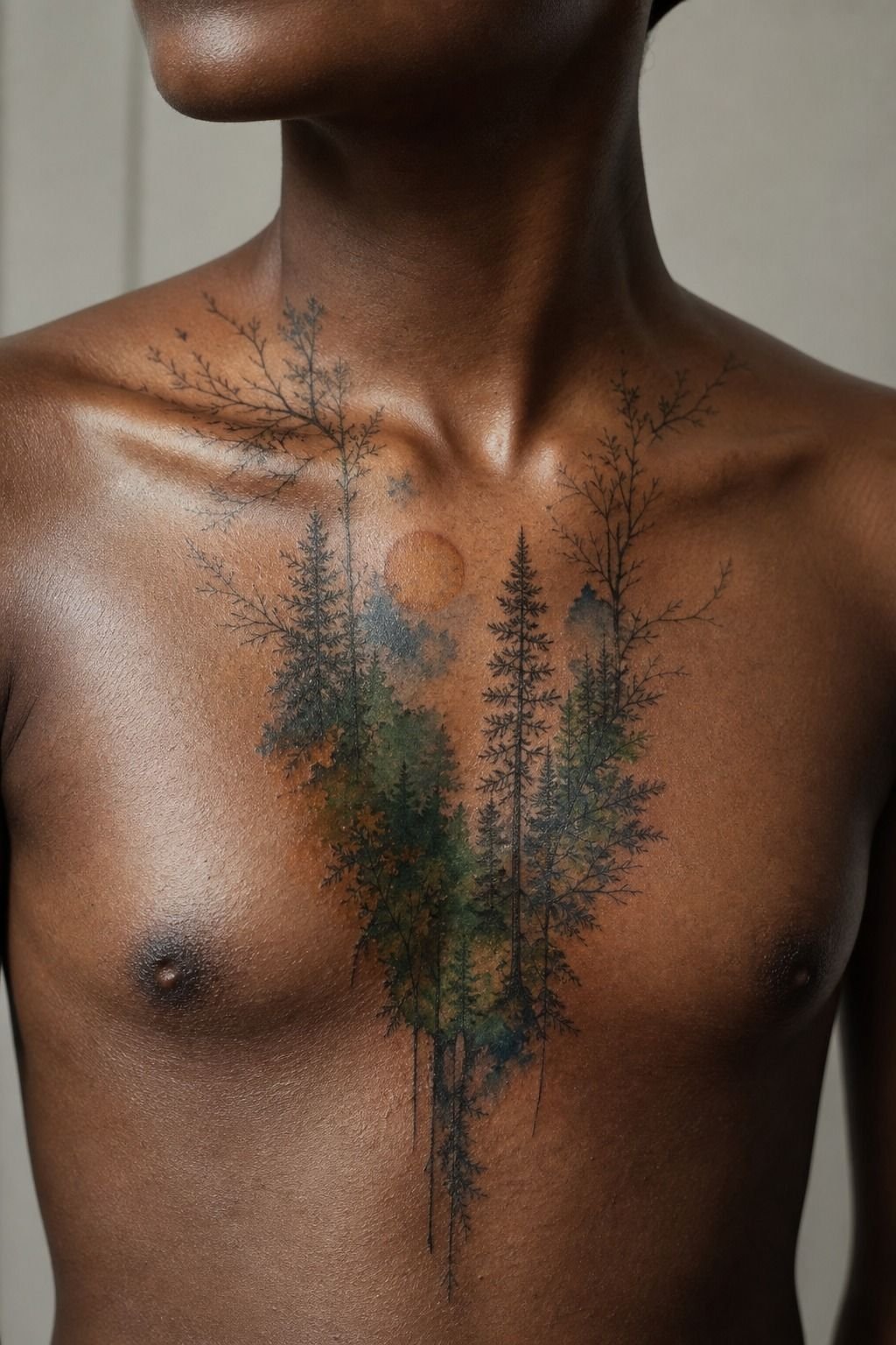 Watercolor Forest Tattoo Anchored with Linework