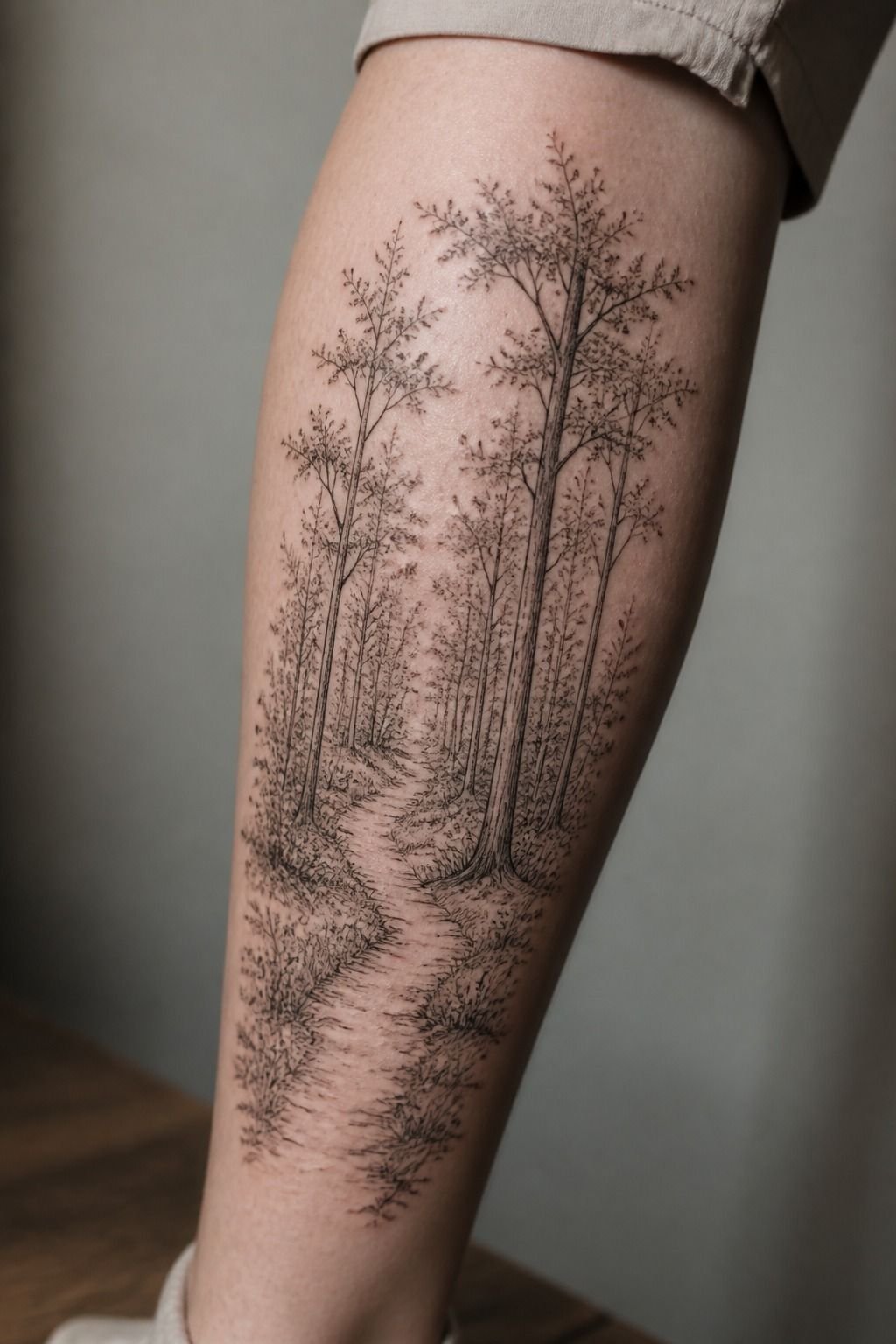 Forest Path Tattoo Along the Calf