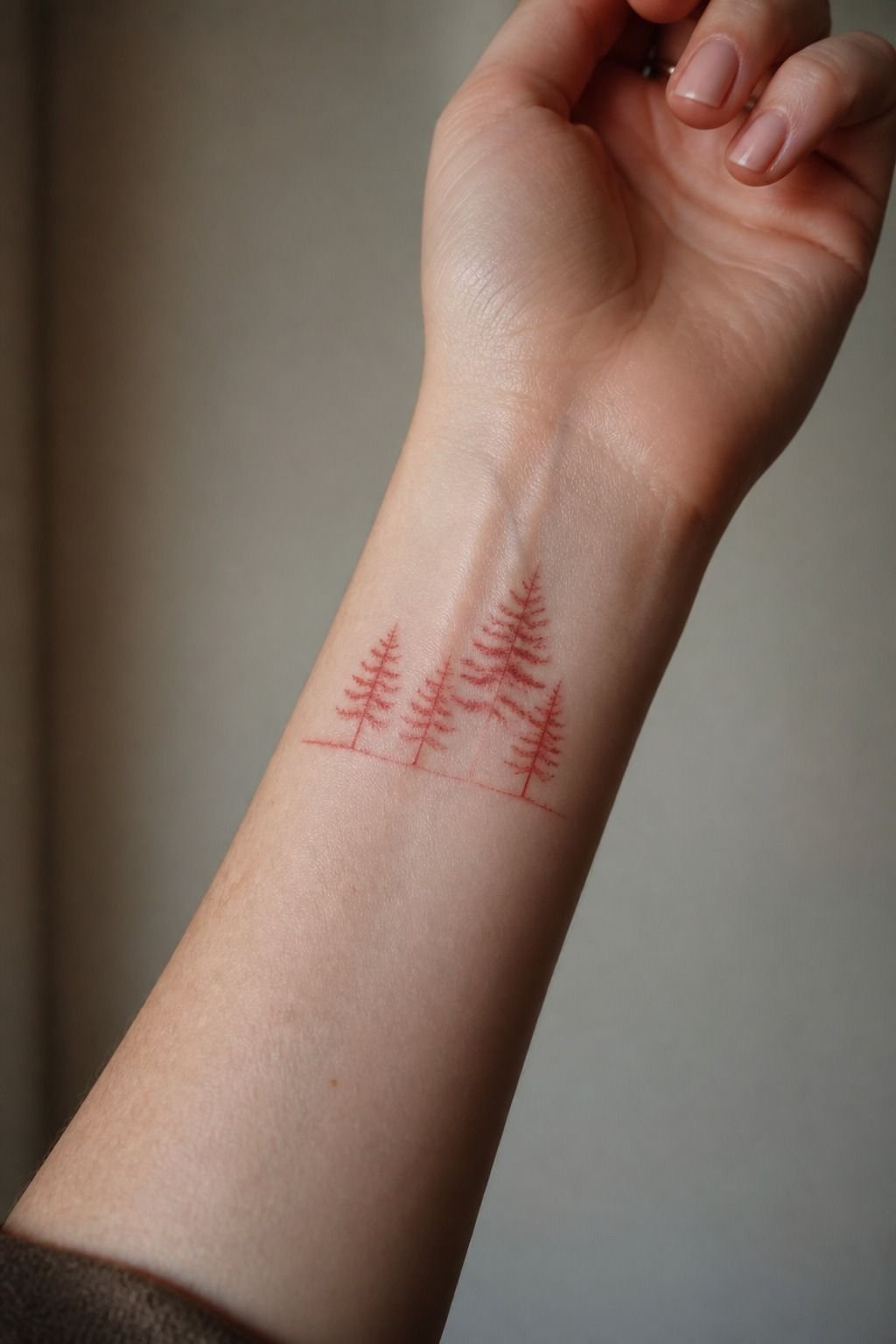 Fine Red Ink Forest Tattoo on the Wrist