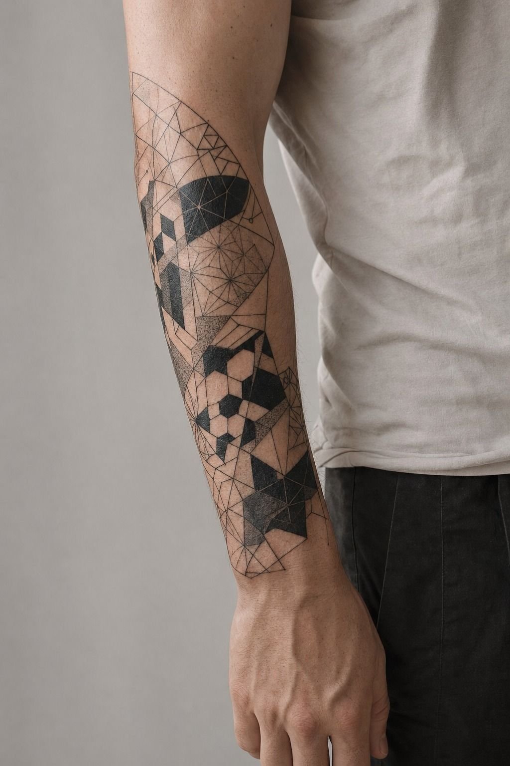 Geometric Patchwork Tattoo Across The Forearm