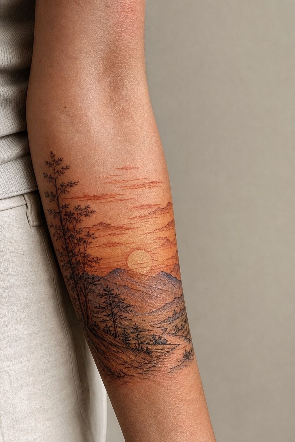 Painterly Sunset Landscape Forearm Tattoo