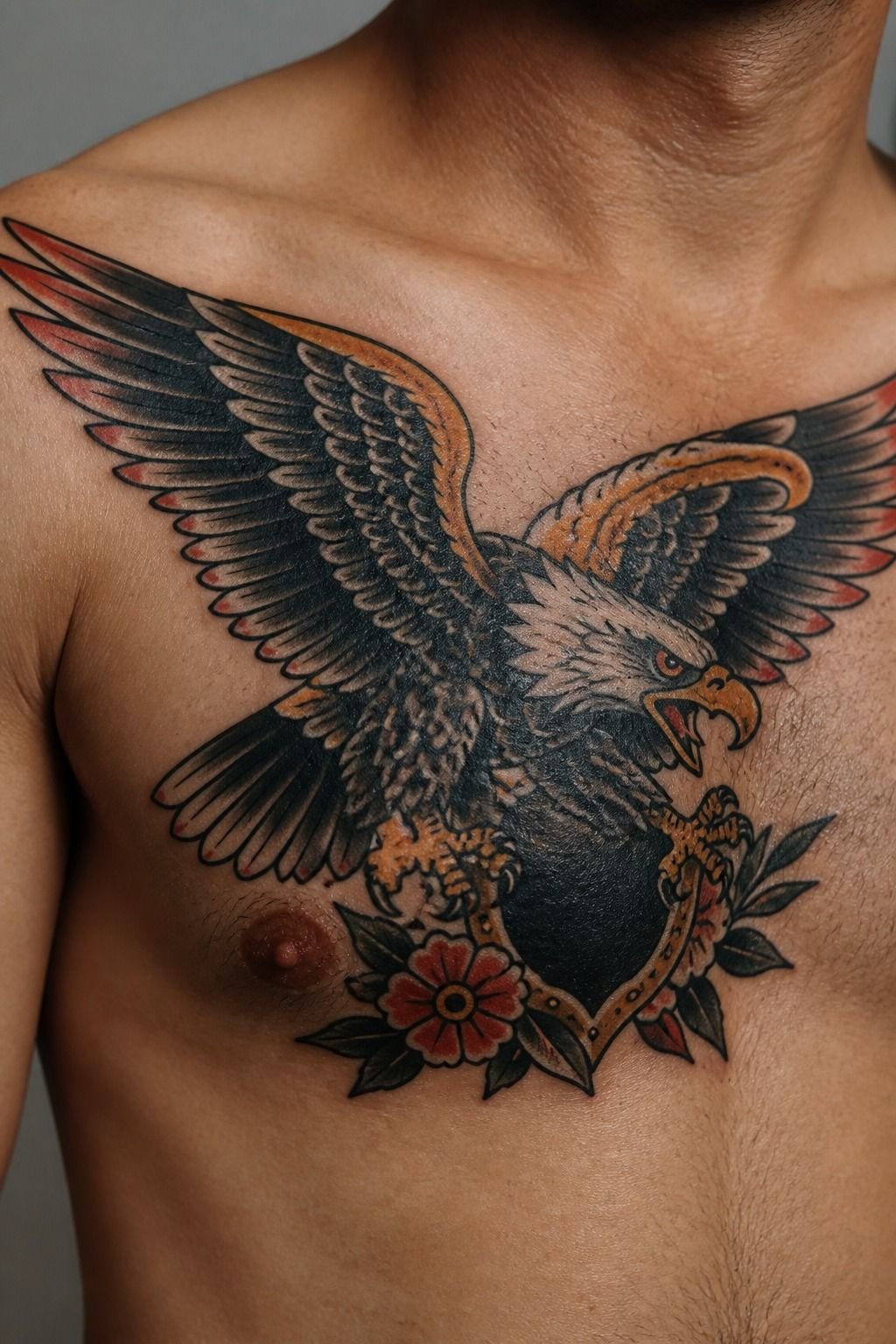Cool Traditional Eagle Chest Tattoo