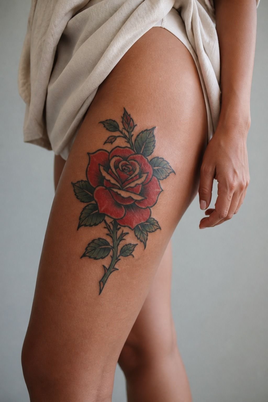 Feminine Traditional Rose Thigh Tattoo