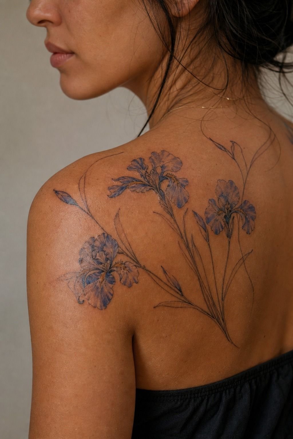 Impressionist Blue Iris Shoulder Tattoo