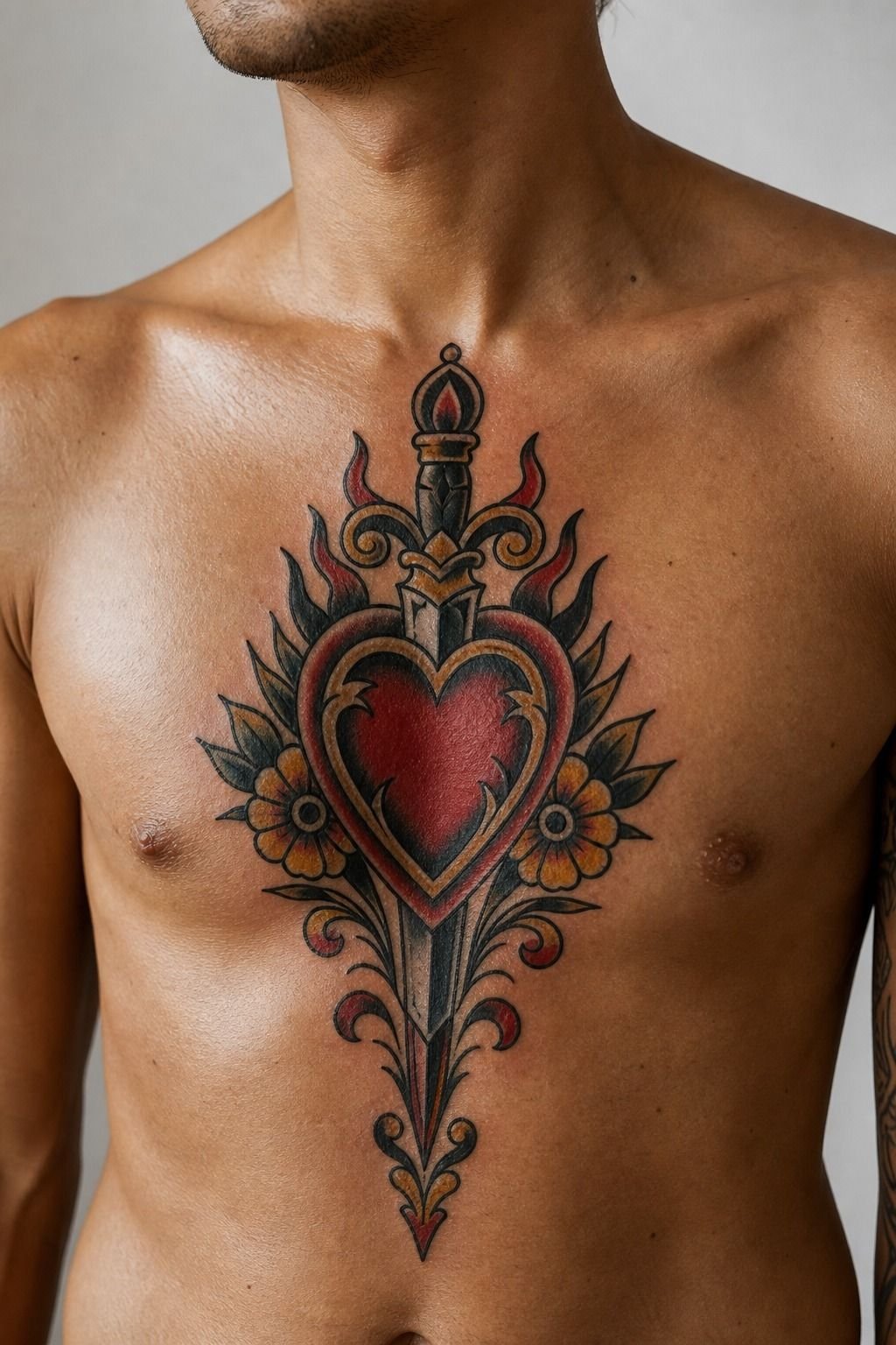 Traditional Tattooed Heart Sternum Design