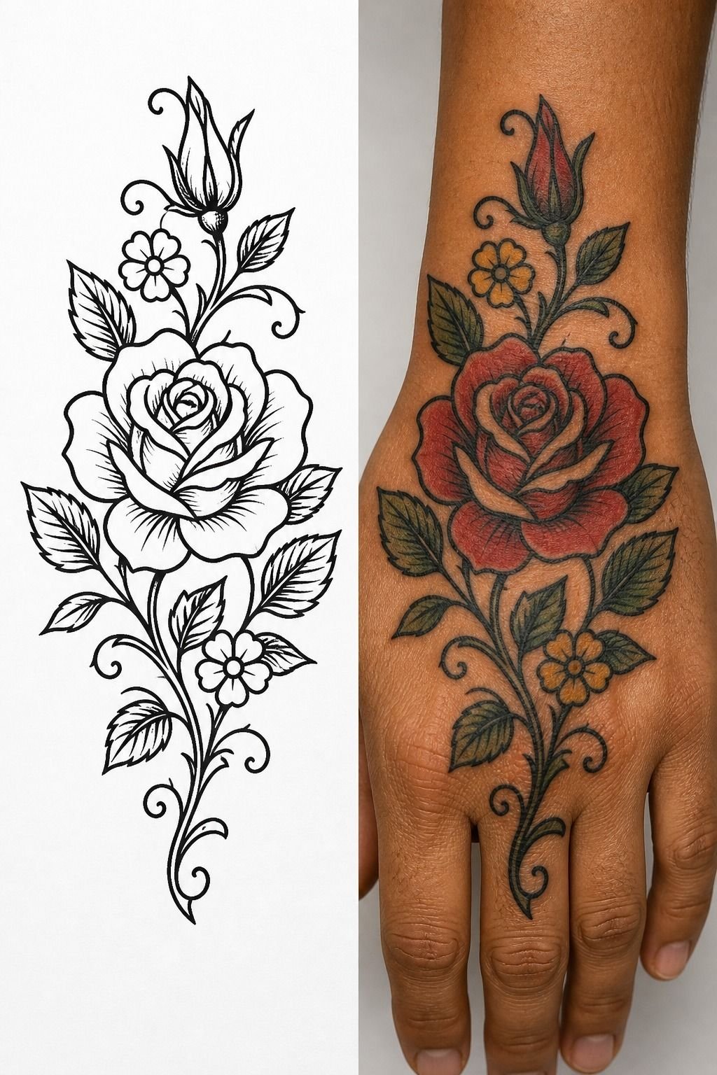 American Traditional Botanical Hand Tattoo