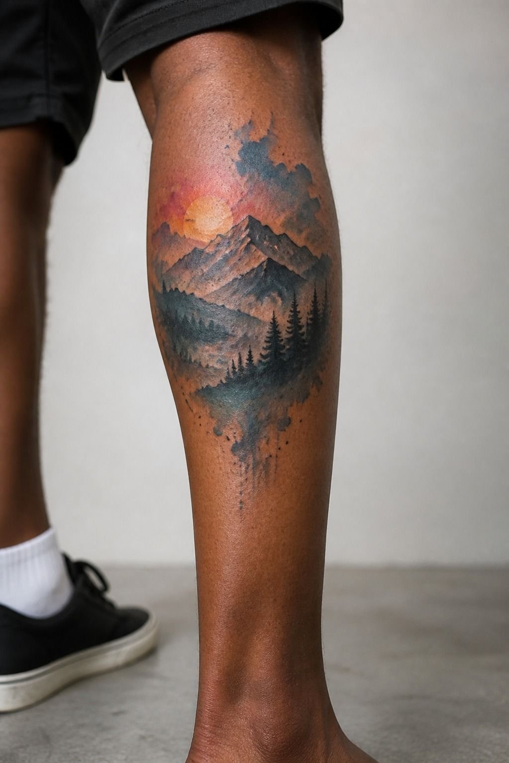 Watercolor Mountain Scene Calf Tattoo