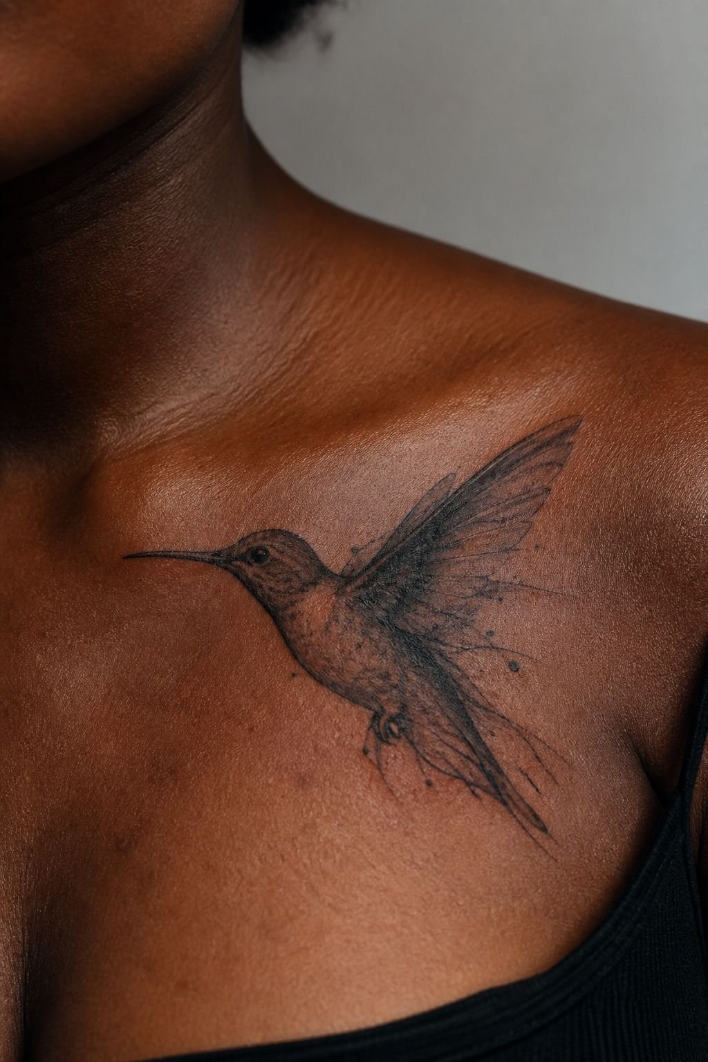 Painterly Hummingbird Collarbone Tattoo