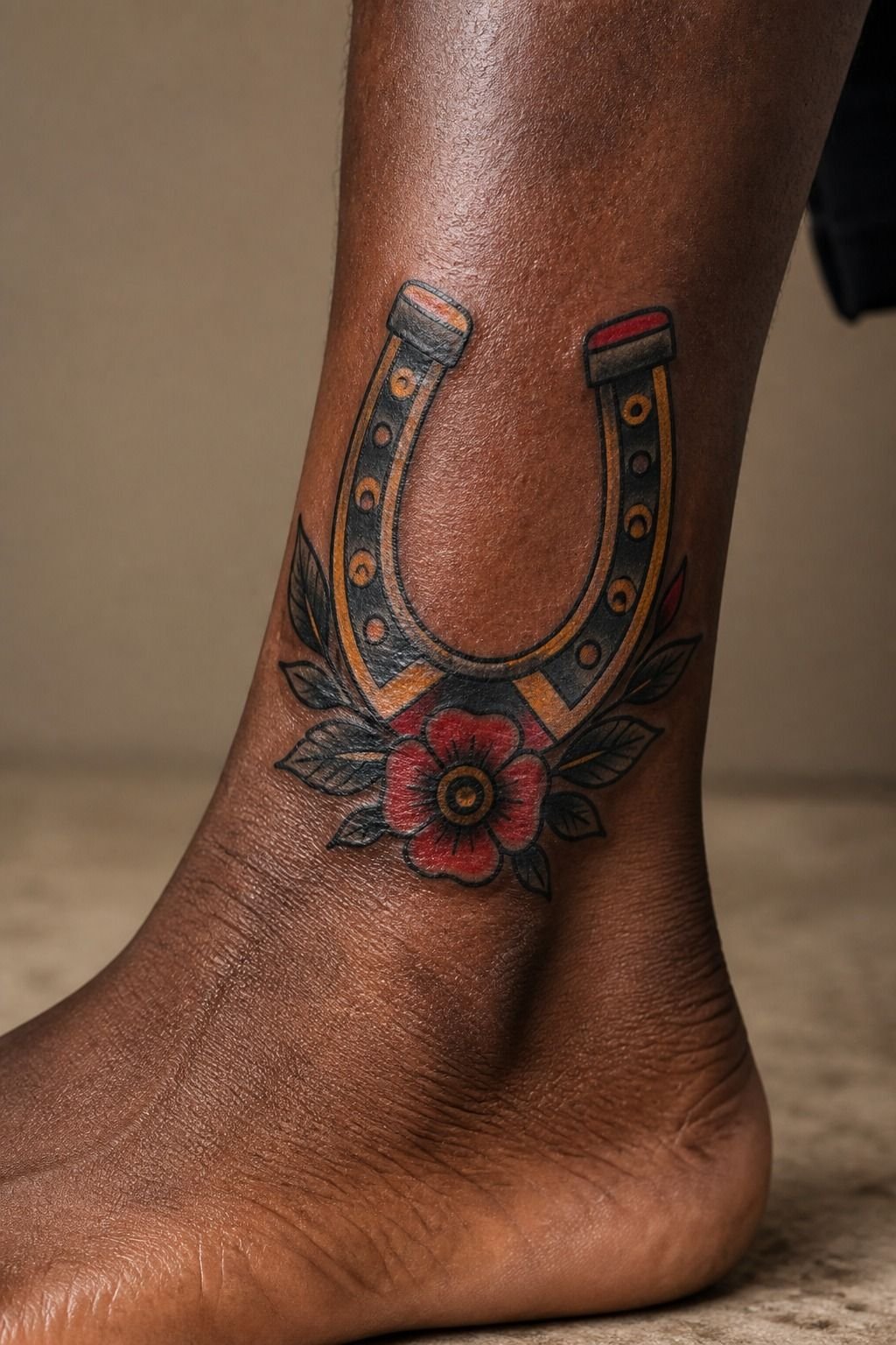 Traditional Style Lucky Horseshoe Ankle Tattoo