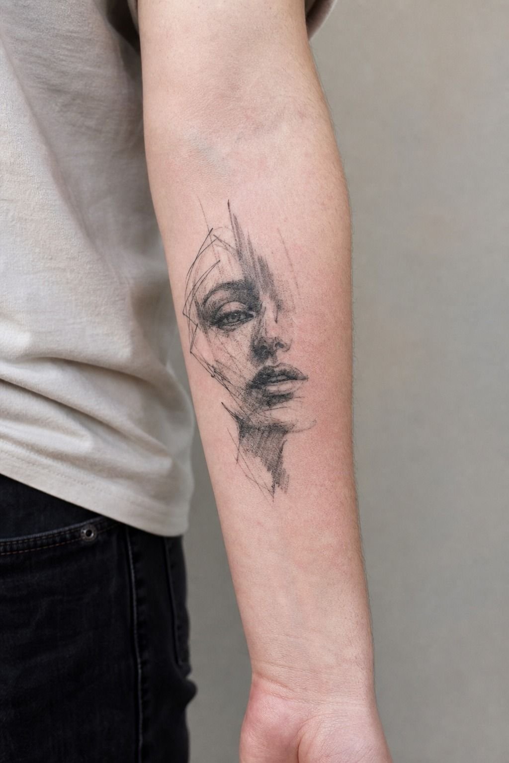 Abstract Painted Face Arm Tattoo