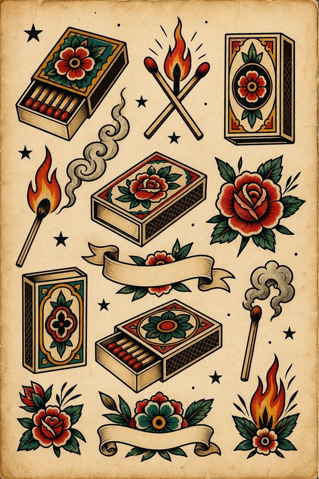 Modern Traditional Matchbox Tattoo Design