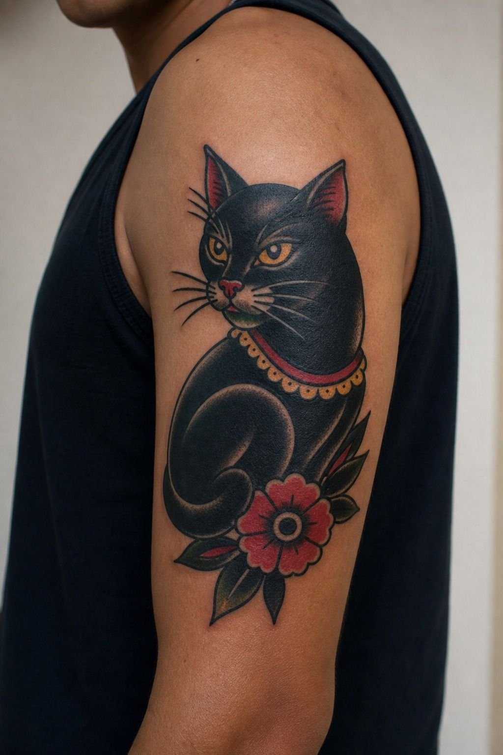 American Traditional Black Cat Tattoo