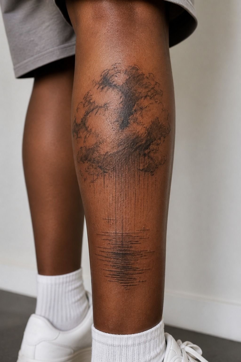 Impressionist Raincloud Calf Tattoo