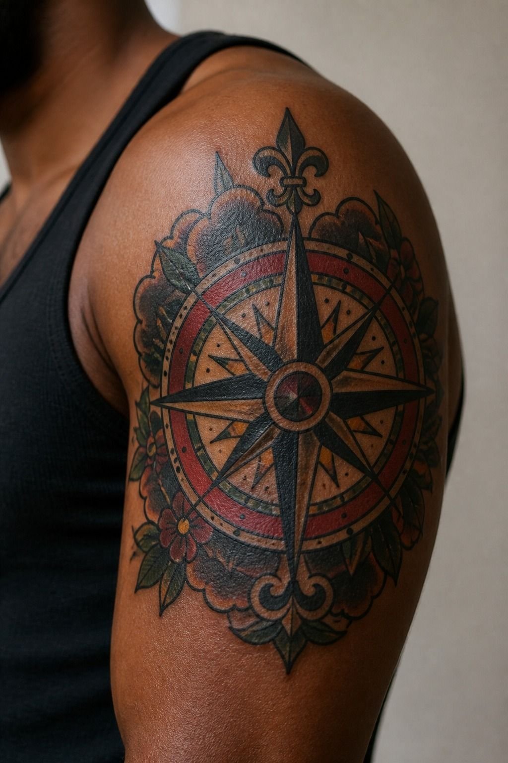 Traditional Style Compass Upper Arm Tattoo