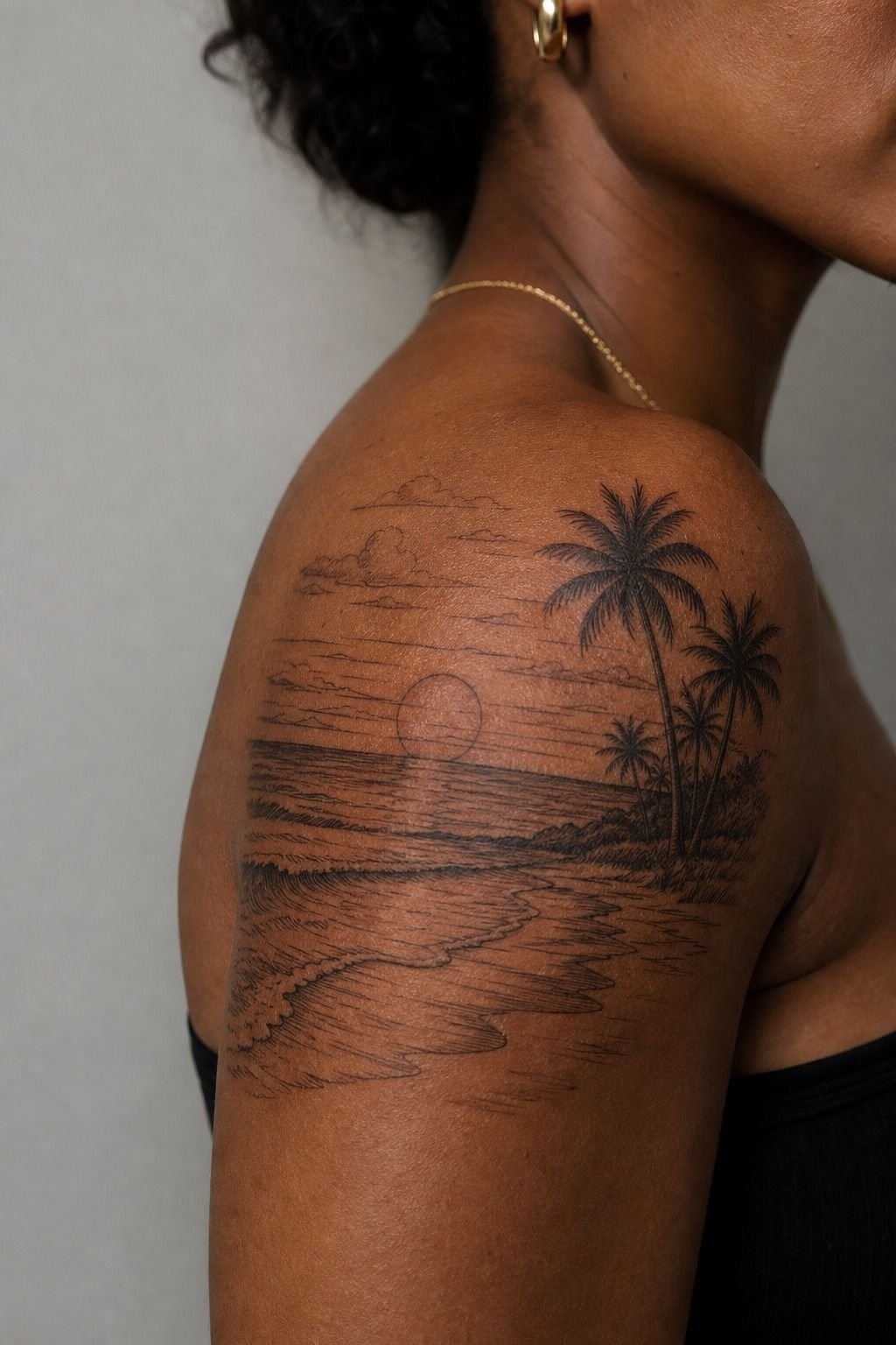 Choose Beach Sunset Shoulder Tattoo Color Over Extra Detail