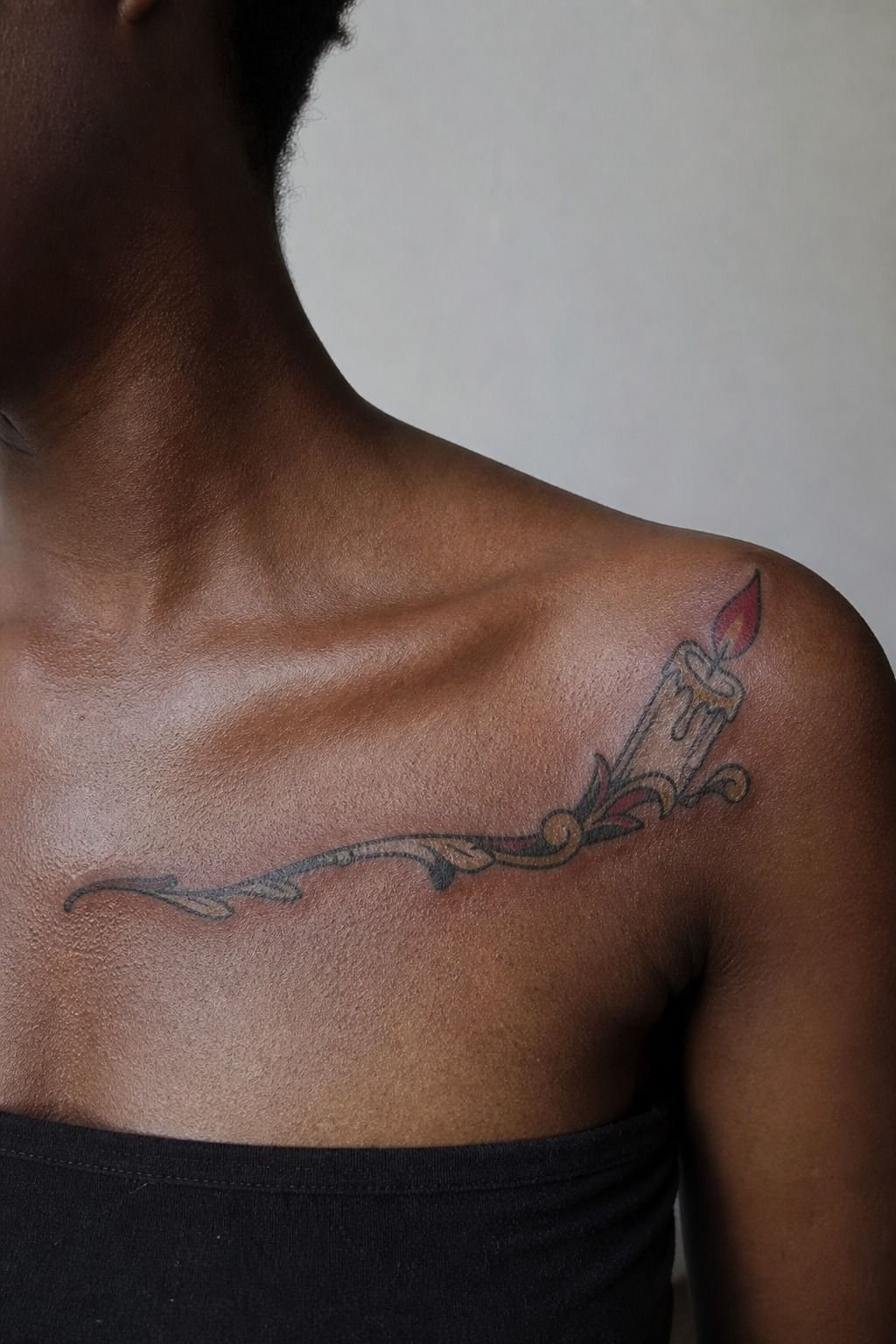 Unique Traditional Candle Collarbone Tattoo