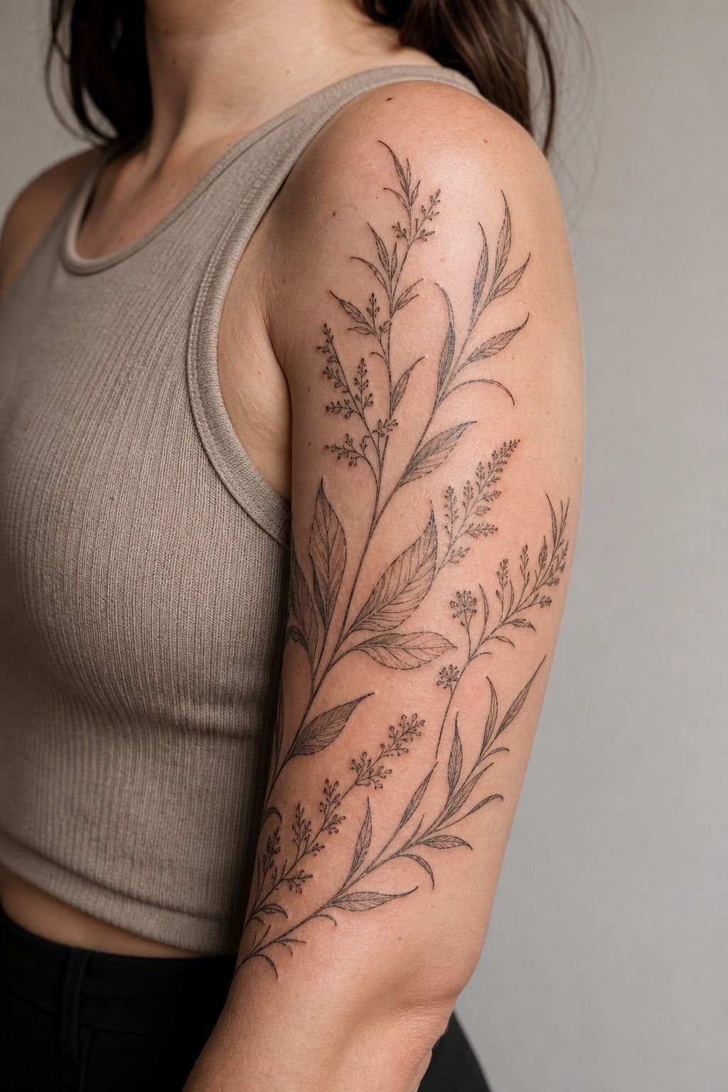 Botanical Half Sleeve With Fine Line Leaves