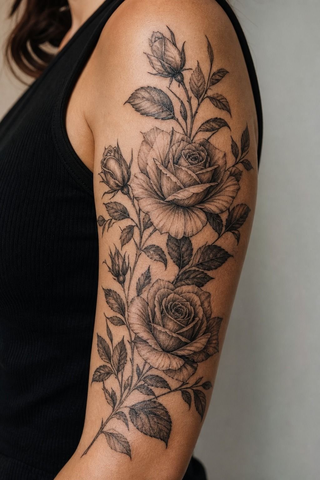 Black And Grey Rose Upper Arm Sleeve
