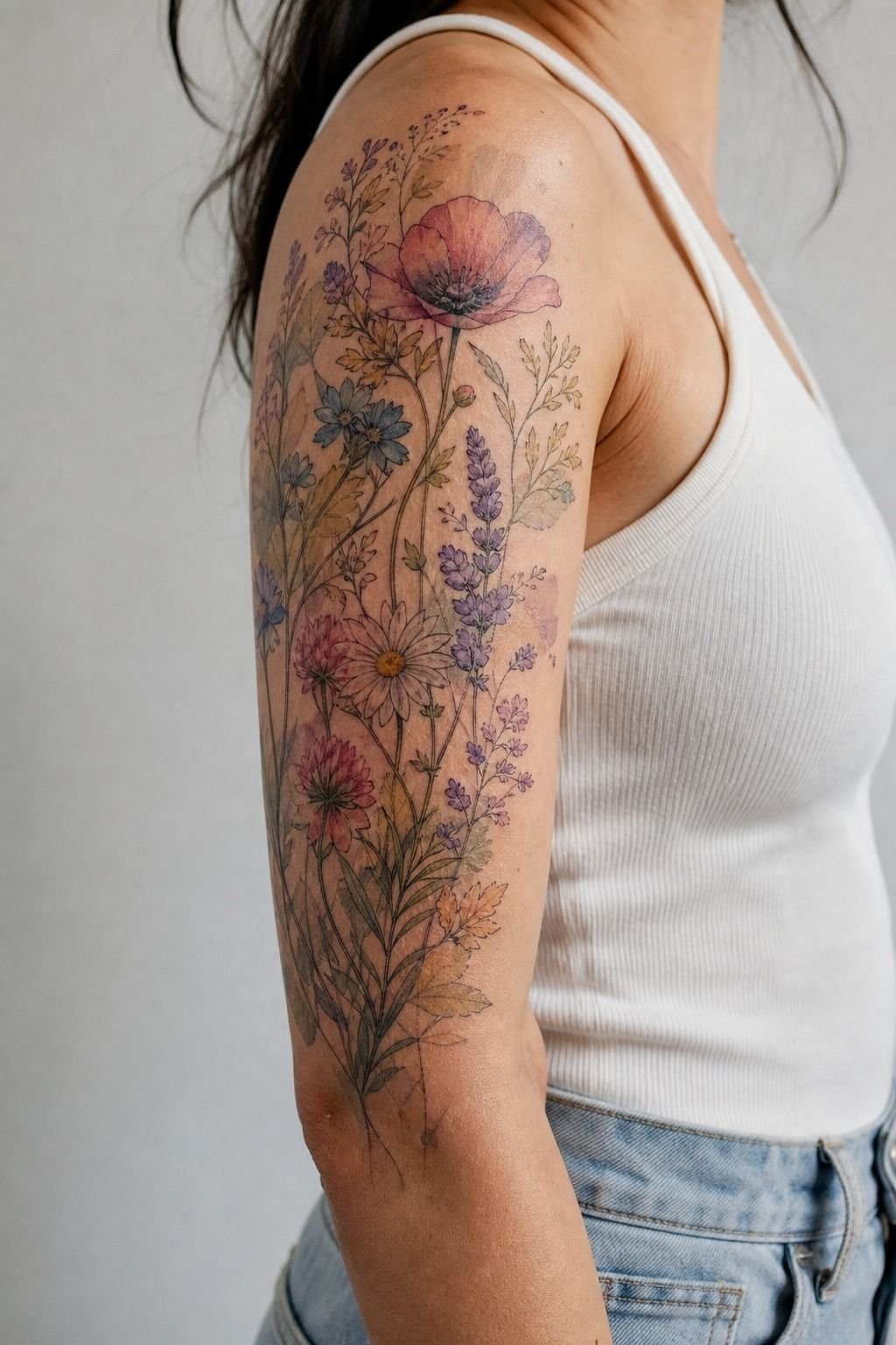 Watercolor Wildflower Half Sleeve With Anchored Linework