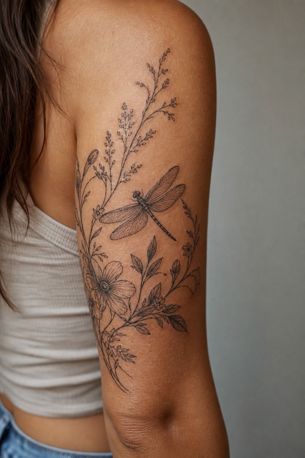 Dragonfly With Wildflower Botanical Details