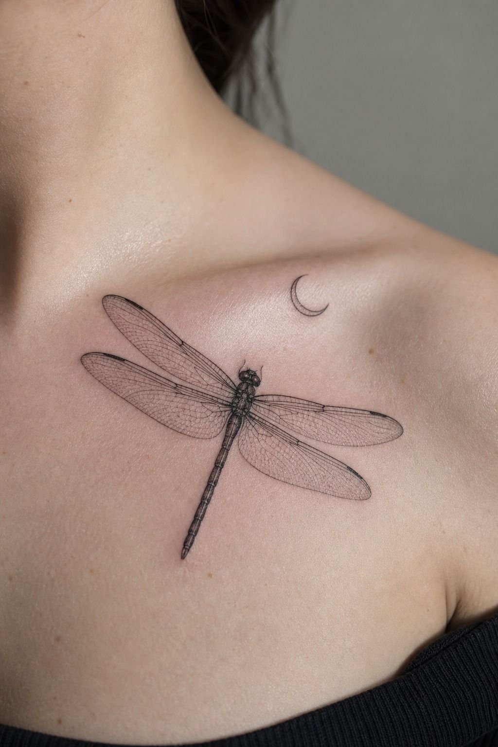 Dragonfly and Crescent Moon Tattoo