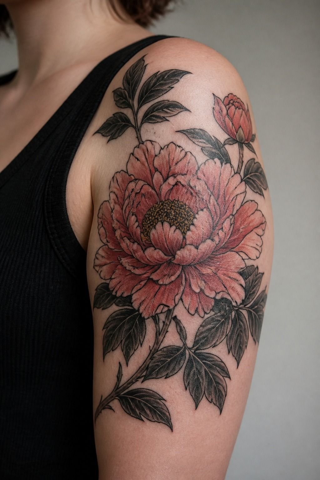Japanese Peony Half Sleeve On Upper Arm