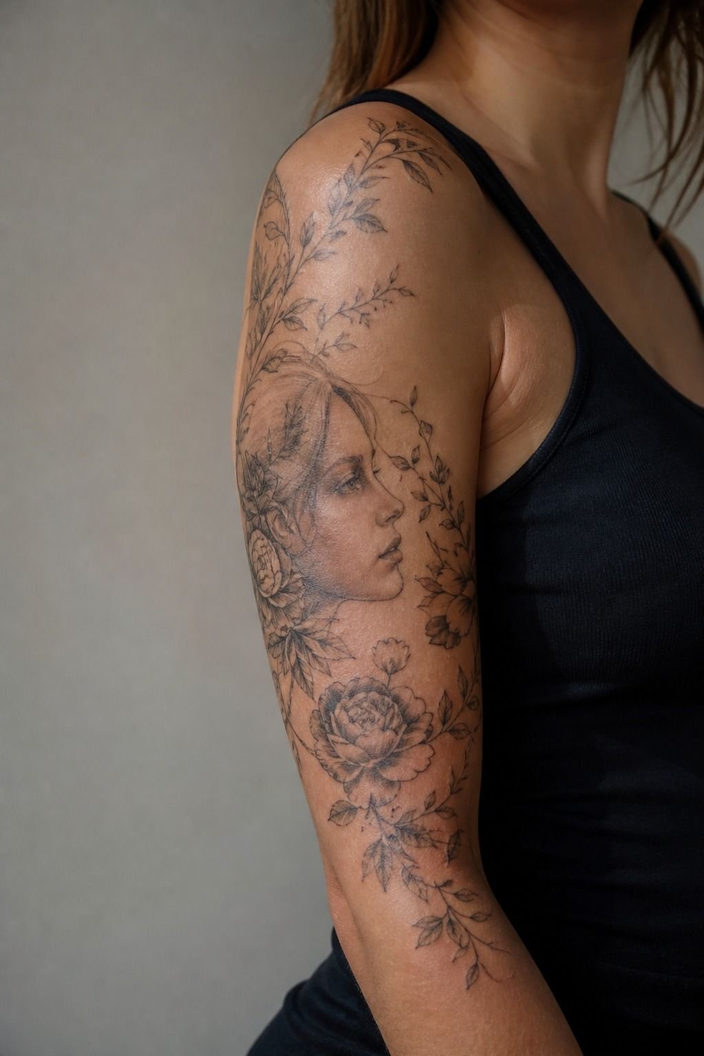Realistic Portrait Half Sleeve Framed By Florals