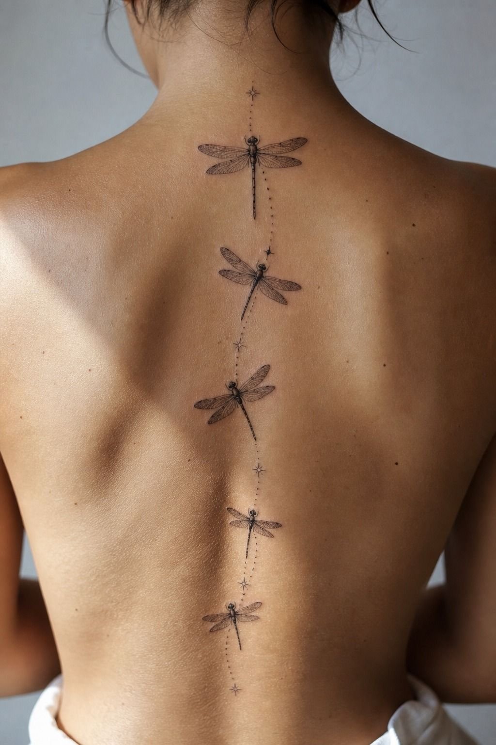 Dragonfly Spine Tattoo With Vertical Flight