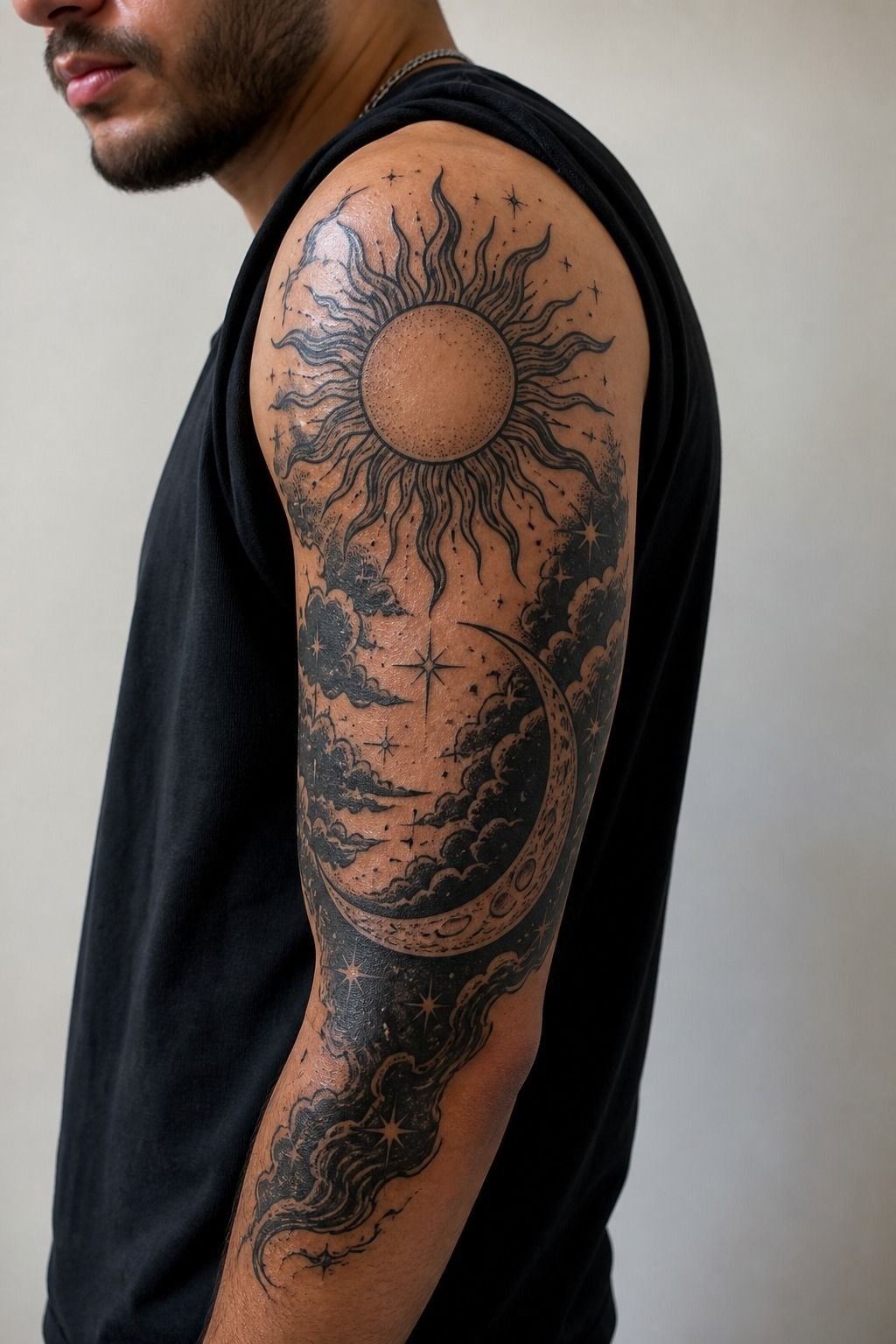 Blackwork Sun And Moon Upper Arm Sleeve