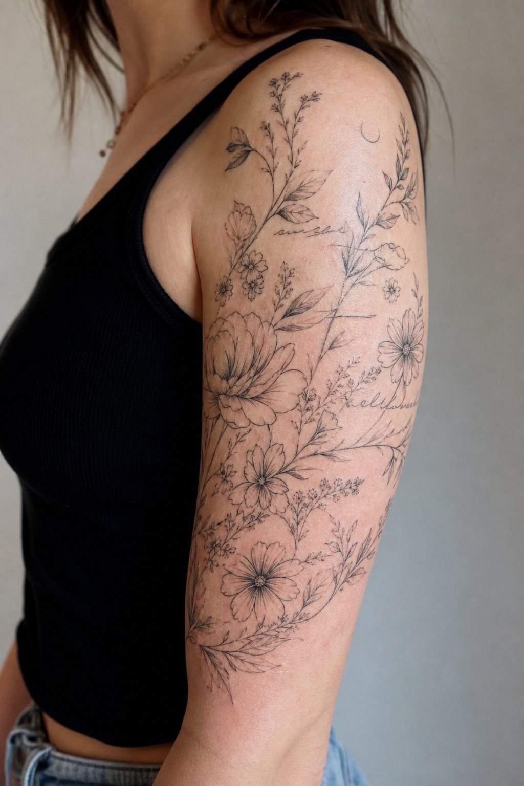 Meaningful Script Across A Floral Half Sleeve