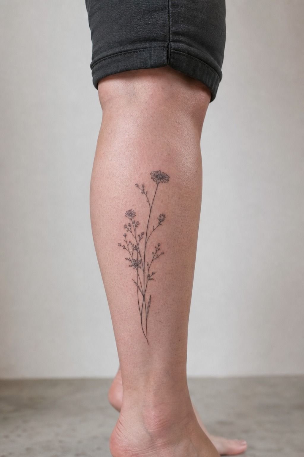 Fine Line Wildflower Shin Tattoo