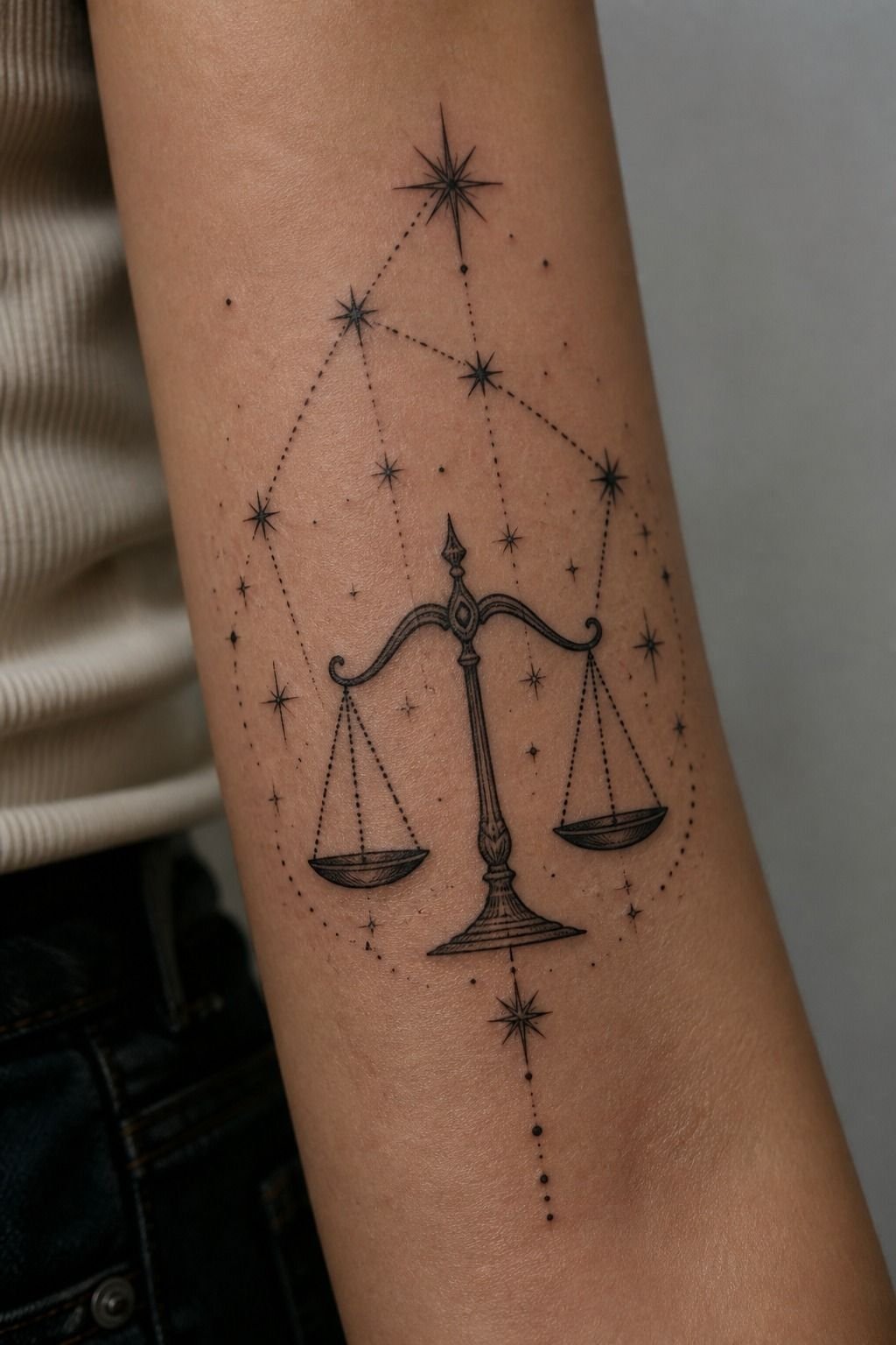 Blackwork Libra Constellation Tattoo on the Forearm