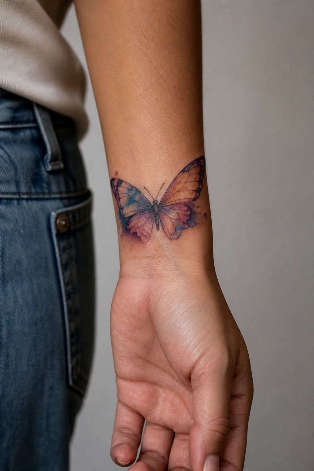 Watercolor Butterfly Front Wrist Tattoo