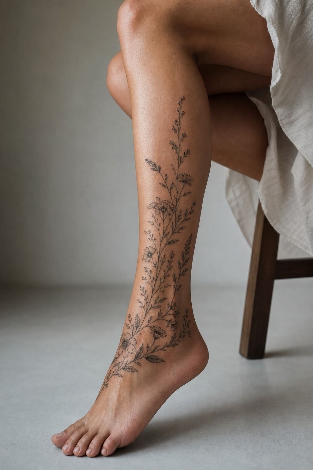 Above Ankle Floral Shin Tattoo