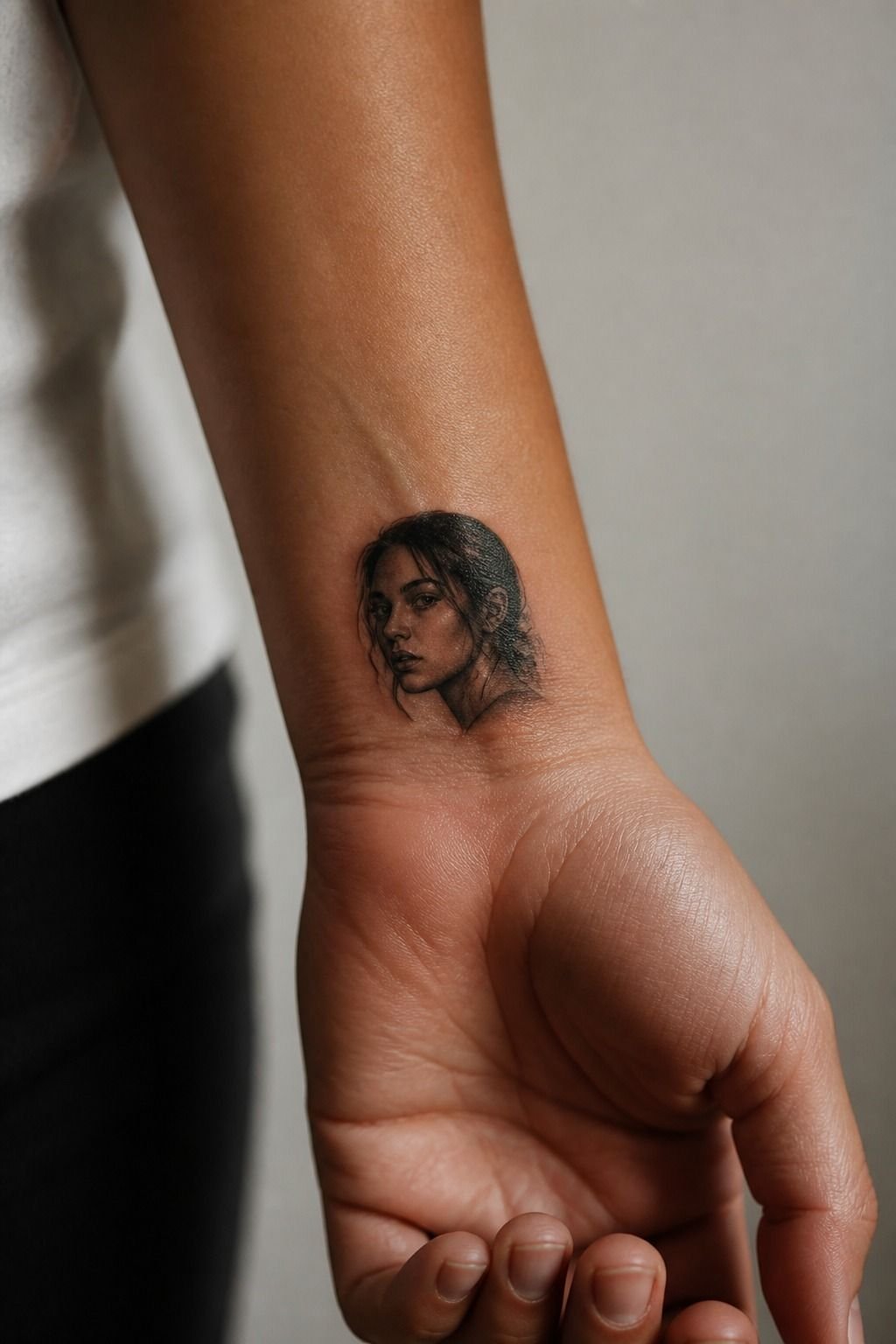 Micro Realism Front Wrist Portrait Tattoo