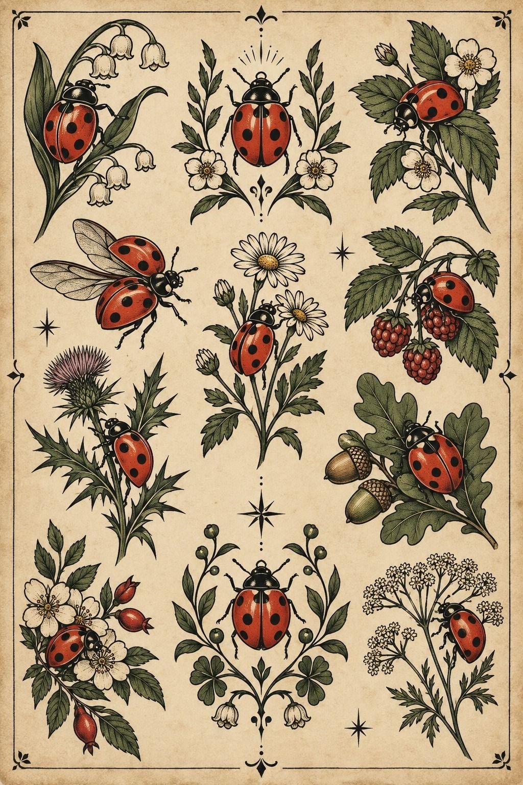 Ladybird Tattoo Stencil With Botanical Details